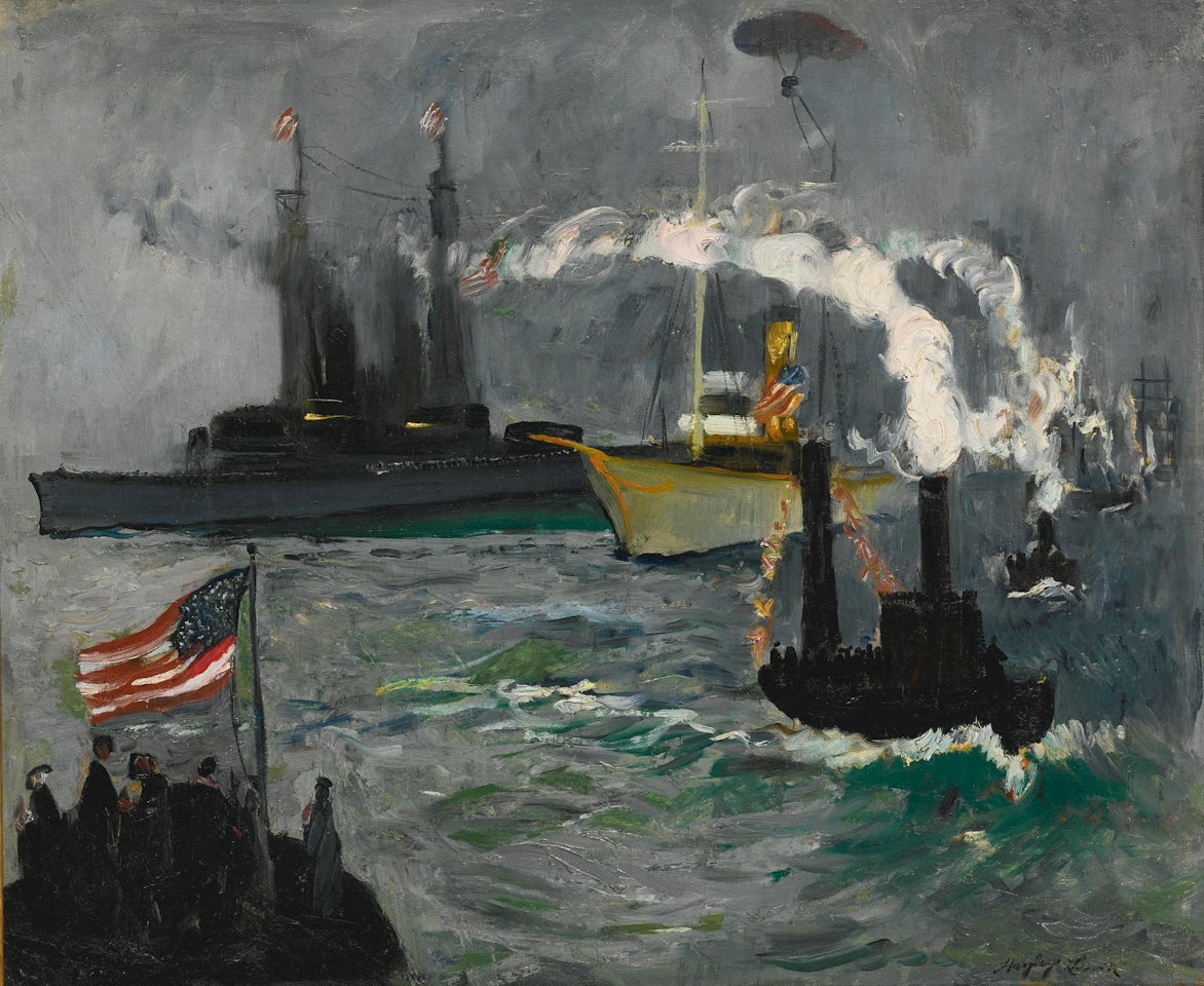 The President's Yacht the Mayflower with Battleships in New York Harbor by Hayley Lever