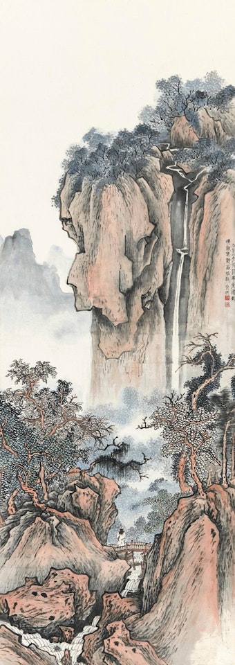 Scholar appreciating waterfall by Jin Cheng