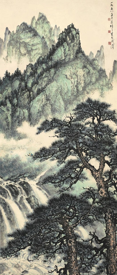 Waterfall in verdant mountains by Li Xiongcai