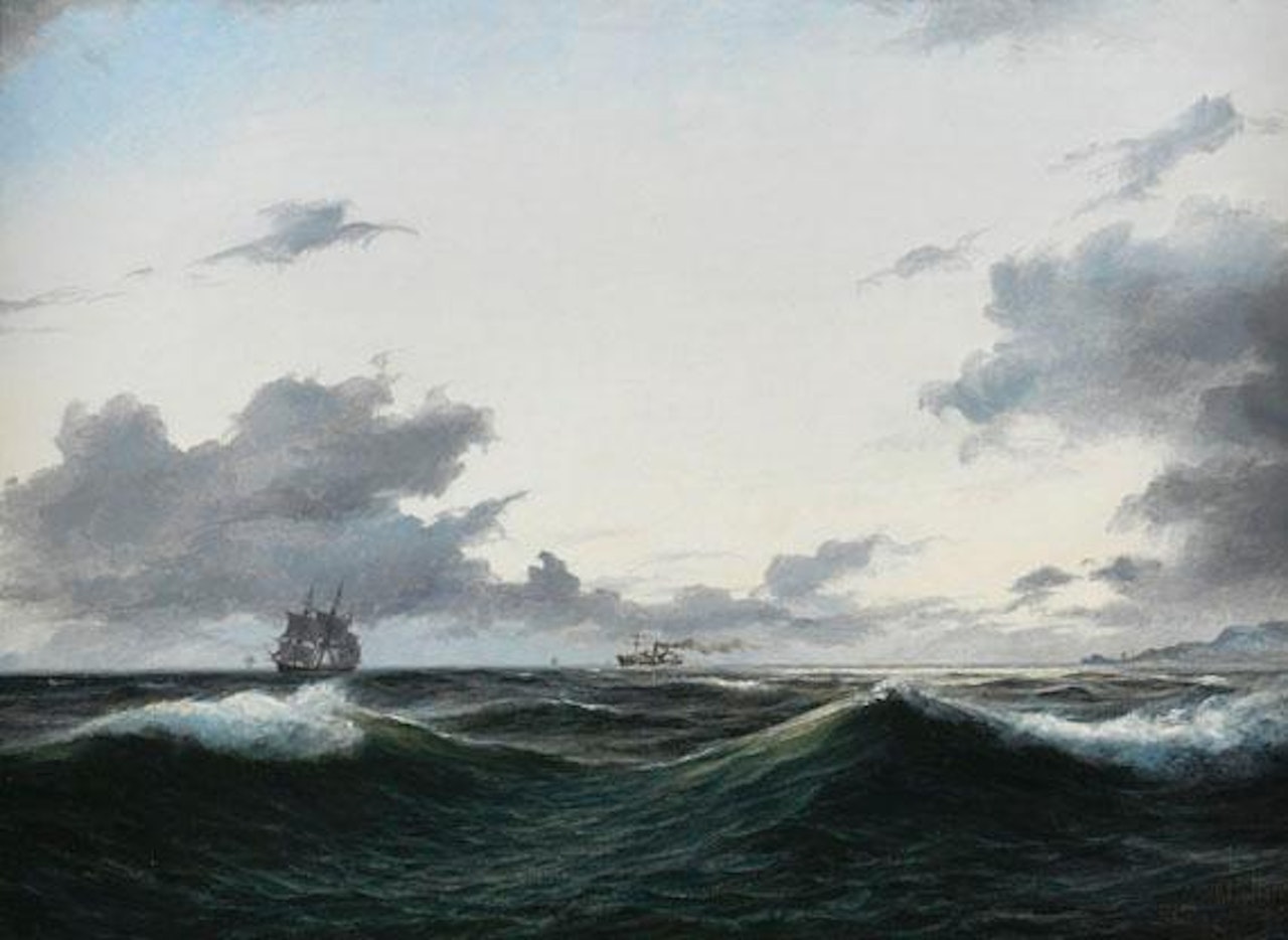 Segelschiff und besegelter Dampfer auf See vor einer Küste by Anton Melbye