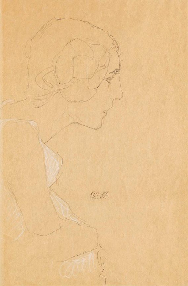Brustbild eines Mädchens im Profil nach rechts - Kniestück im Profil nach rechts by Gustav Klimt