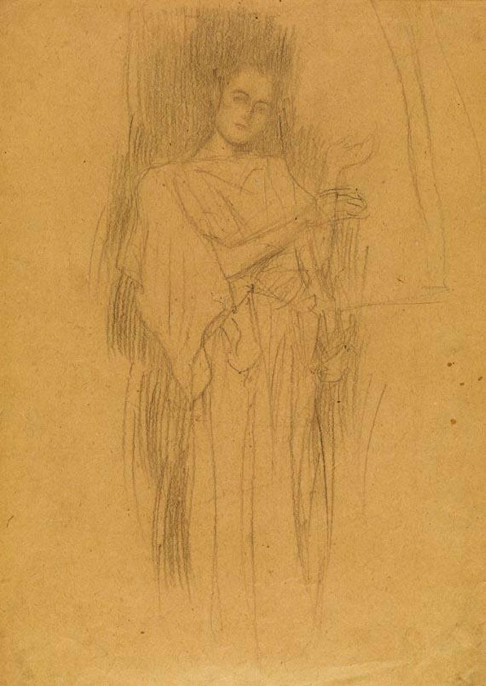 Weibliche Gestalt in langem Gewand, ein Saiteninstrument spielend by Gustav Klimt