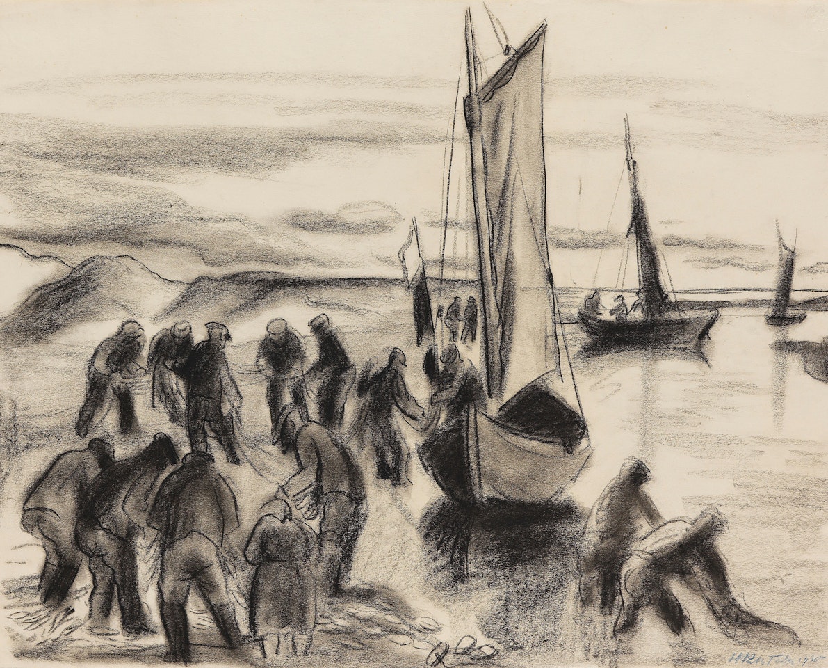 Fischer mit Booten an der Lupow-Mündung in Pommern by Max Pechstein