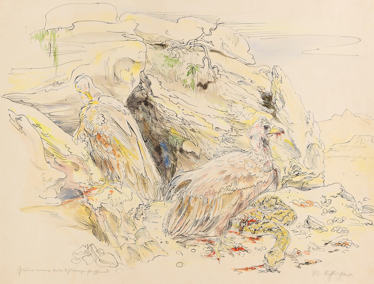 Geier eine tote Schlange fressend by Rudolf Schlichter