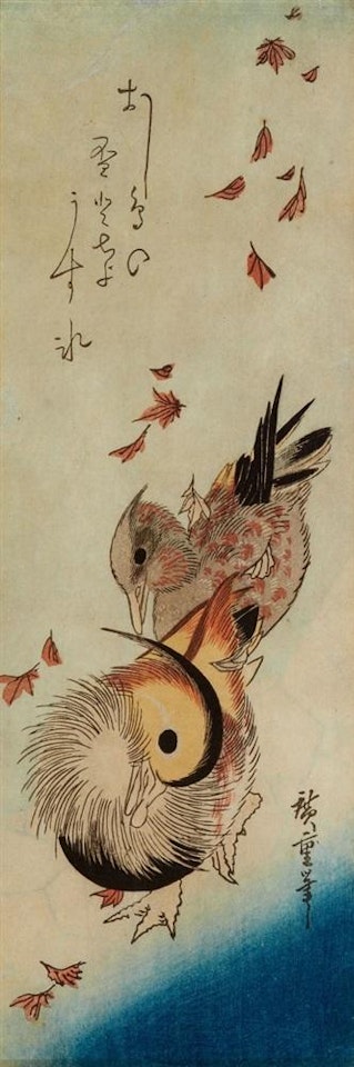 A pair of mandarin ducks walking over ice between falling leaves by Utagawa Hiroshige