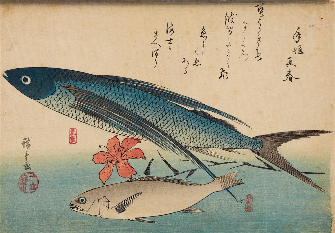 A tobiuo (flying fish), ishimochi (white croacker), and a lily by Utagawa Hiroshige