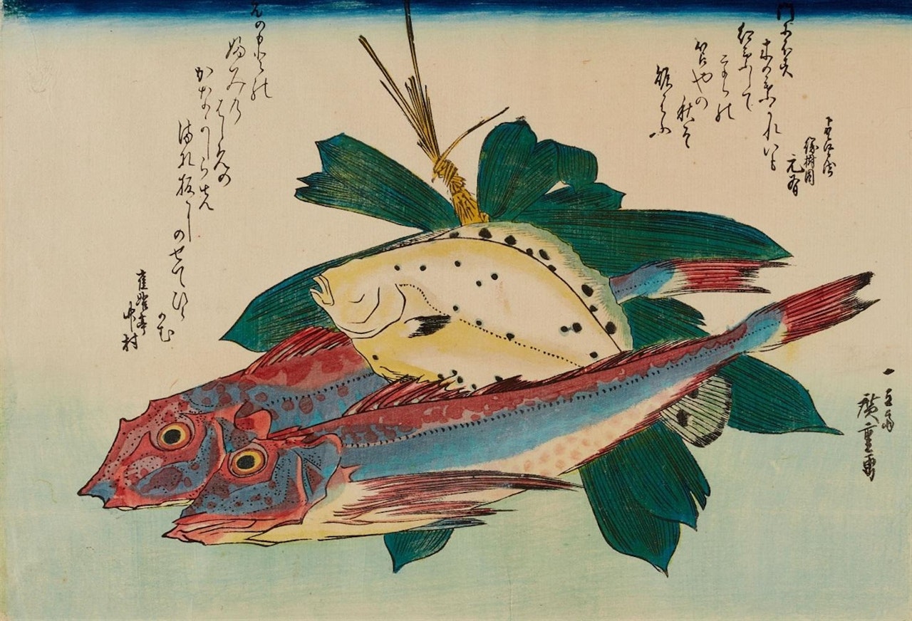 Gurnards (kanagashira), flatfish (karei) and striped bamboo by Utagawa Hiroshige