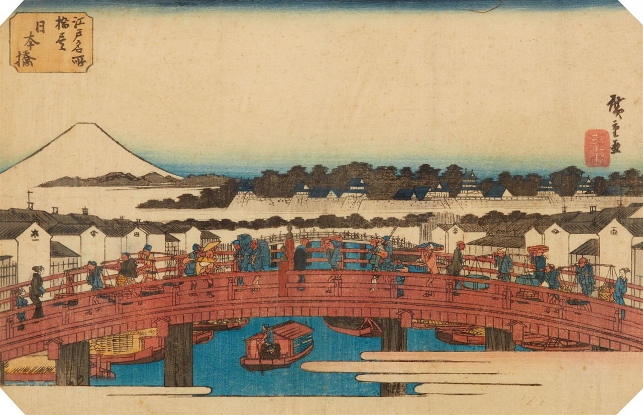 Nihonbashi. View of the bridge, the warehouses and Mount Fuji by Utagawa Hiroshige