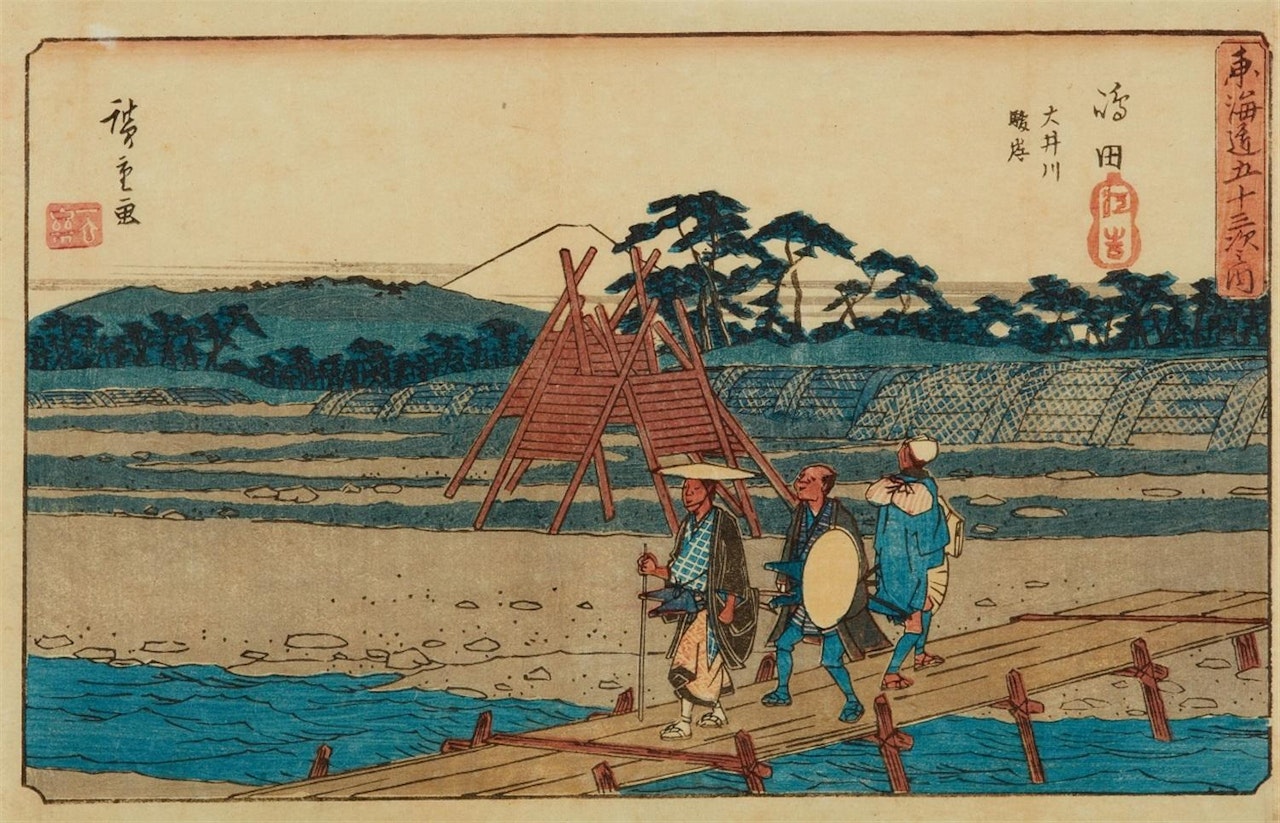 a) Odawara, Sakawagawa kachiwatashi. View of the river with travellers crossing. b) Shimada, �igawa sungan. Three travellers on the river bank by Utagawa Hiroshige
