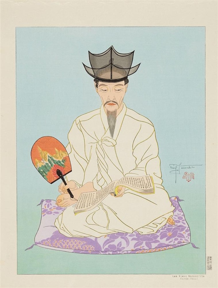 Les Vieux Manuscrits. S�oul, Cor�e. Man with fan, reading a book by Paul Jacoulet