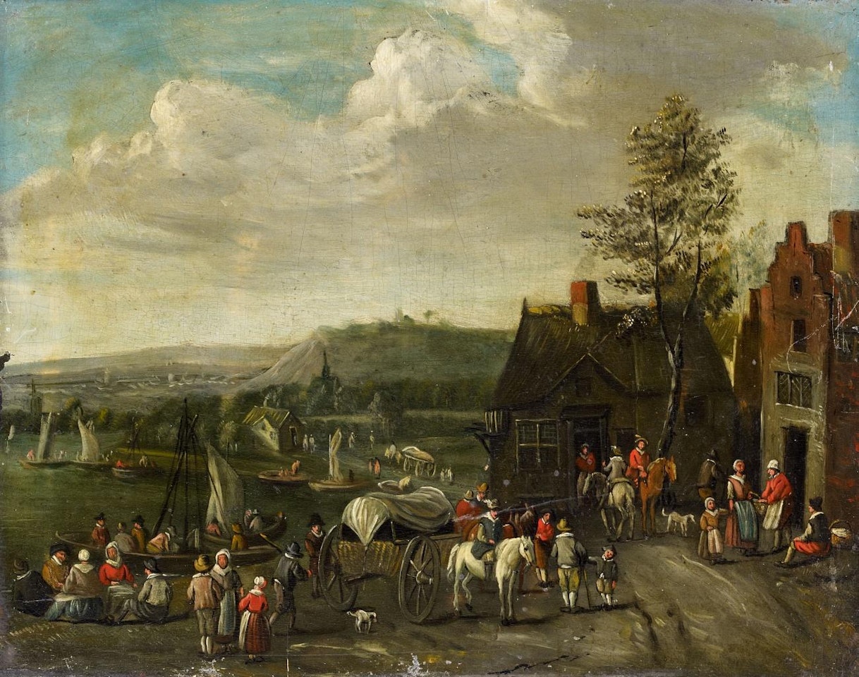 Two landscapes with market scenes by Flemish School
