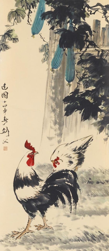 Rooster and hen below snake gourd by Gao Jianfu