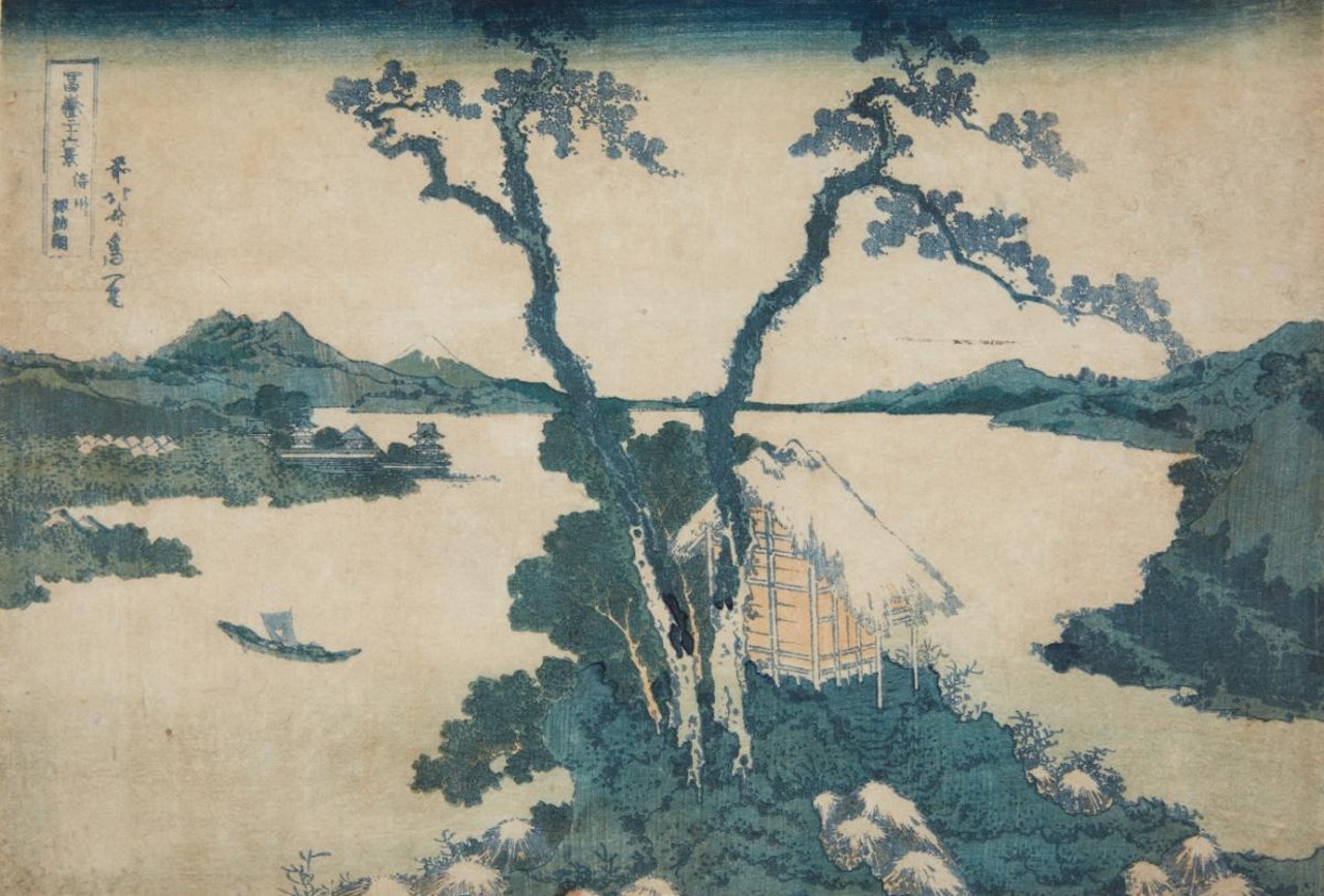 Shinshu Suwa ko. View of Lake Suwa with small hut by Katsushika Hokusai