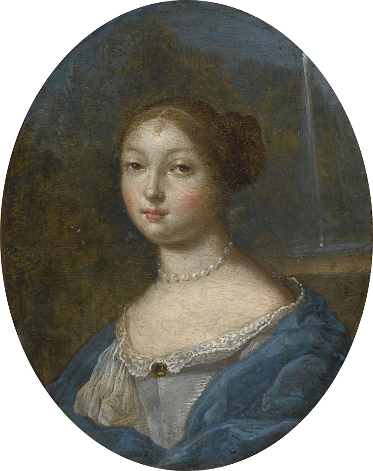 PORTRAIT OF A WOMAN, HALF-LENGTH, IN A BLUE DRESS, A FOUNTAIN BEYOND by Dutch School