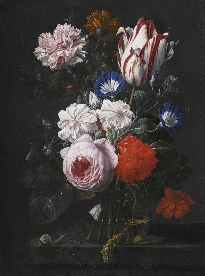 STILL LIFE WITH A TULIP, A ROSE, A CARNATION AND OTHER FLOWERS IN A GLASS VASE, ON A STONE LEDGE by Nicolaes Van Veerendael