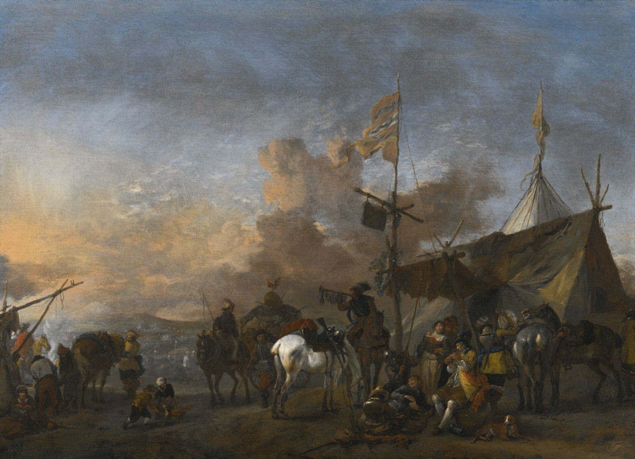 SOLDIERS AND OTHER FIGURES BY A SUTLER'S TENT, A BATTLEFIELD BEYOND by Philips Wouwerman