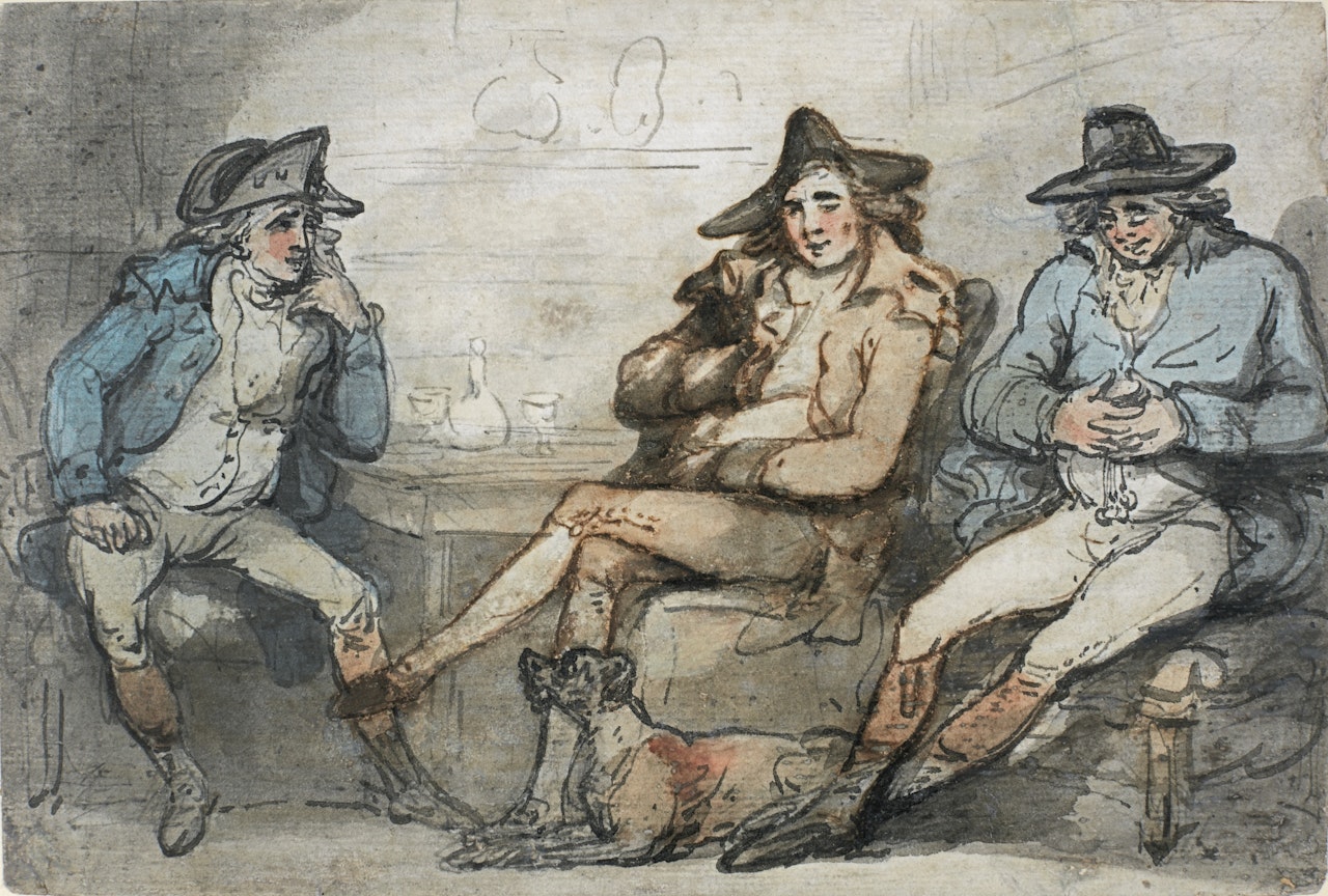 THREE GENTLEMAN AND A HOUND, SEATED WITHIN AN INTERIOR by Thomas Rowlandson
