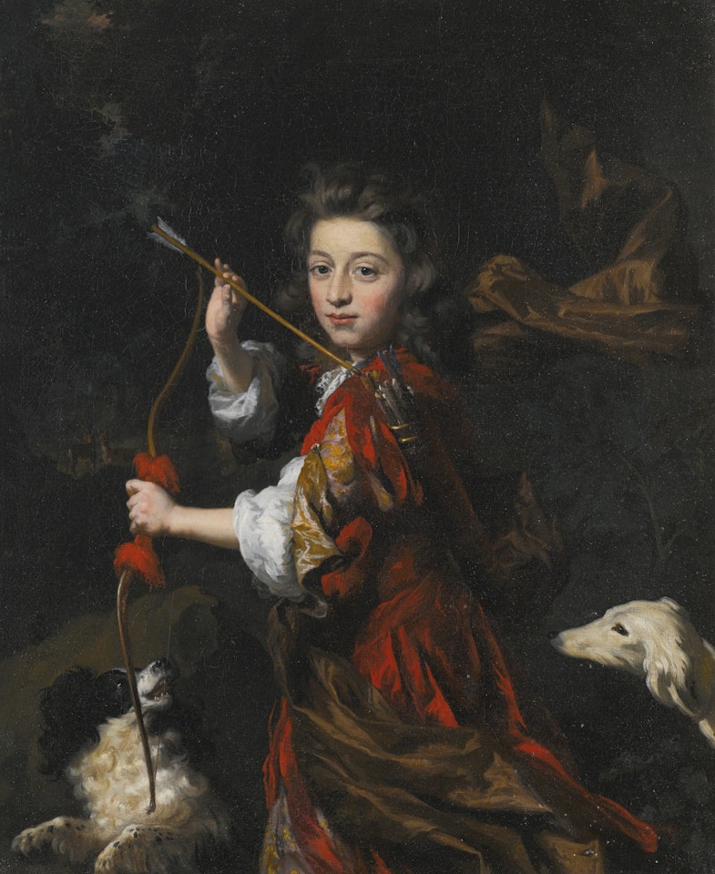PORTRAIT OF A YOUNG NOBLEMAN, THREE-QUARTER-LENGTH, WEARING RED WITH A BROWN SASH, HOLDING A BOW AND A QUIVER OF ARROWS, WITH TWO DOGS IN A WOODED LANDSCAPE by Nicolaes Maes
