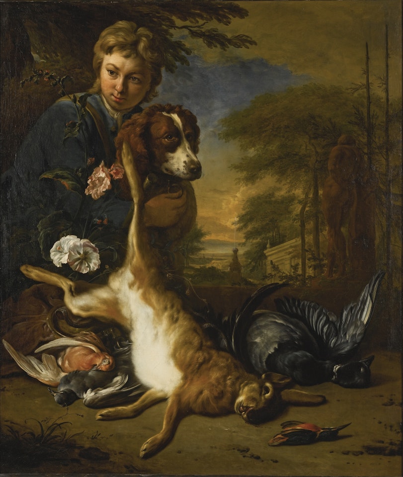 A BOY AND A DOG WITH A STILL LIFE OF GAME, IN A PARK LANDSCAPE by Jan Weenix