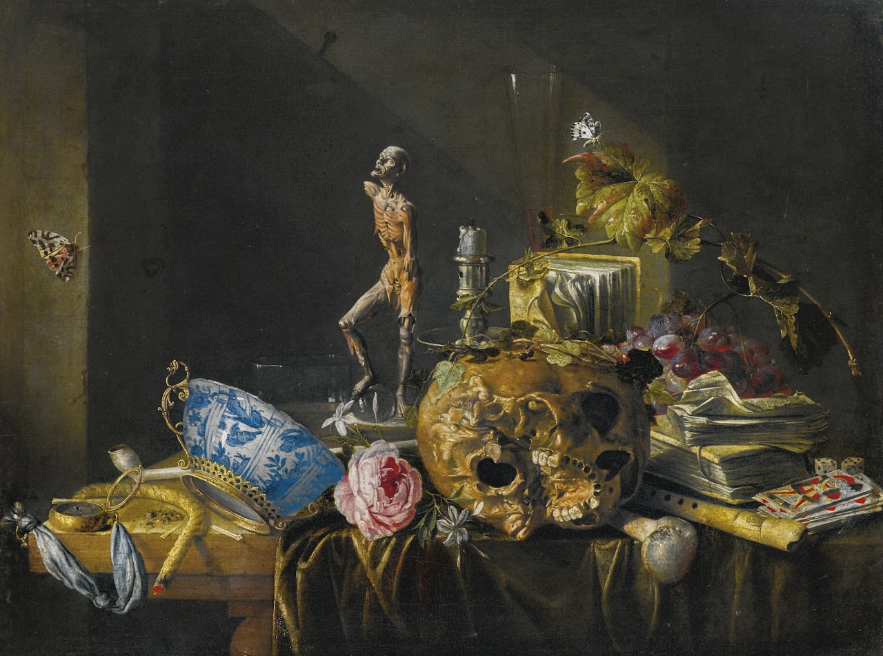 A VANITAS STILL LIFE WITH A SKULL AND AN ÉCORCHÉ, ON A DRAPED TABLE by Cornelis de Heem