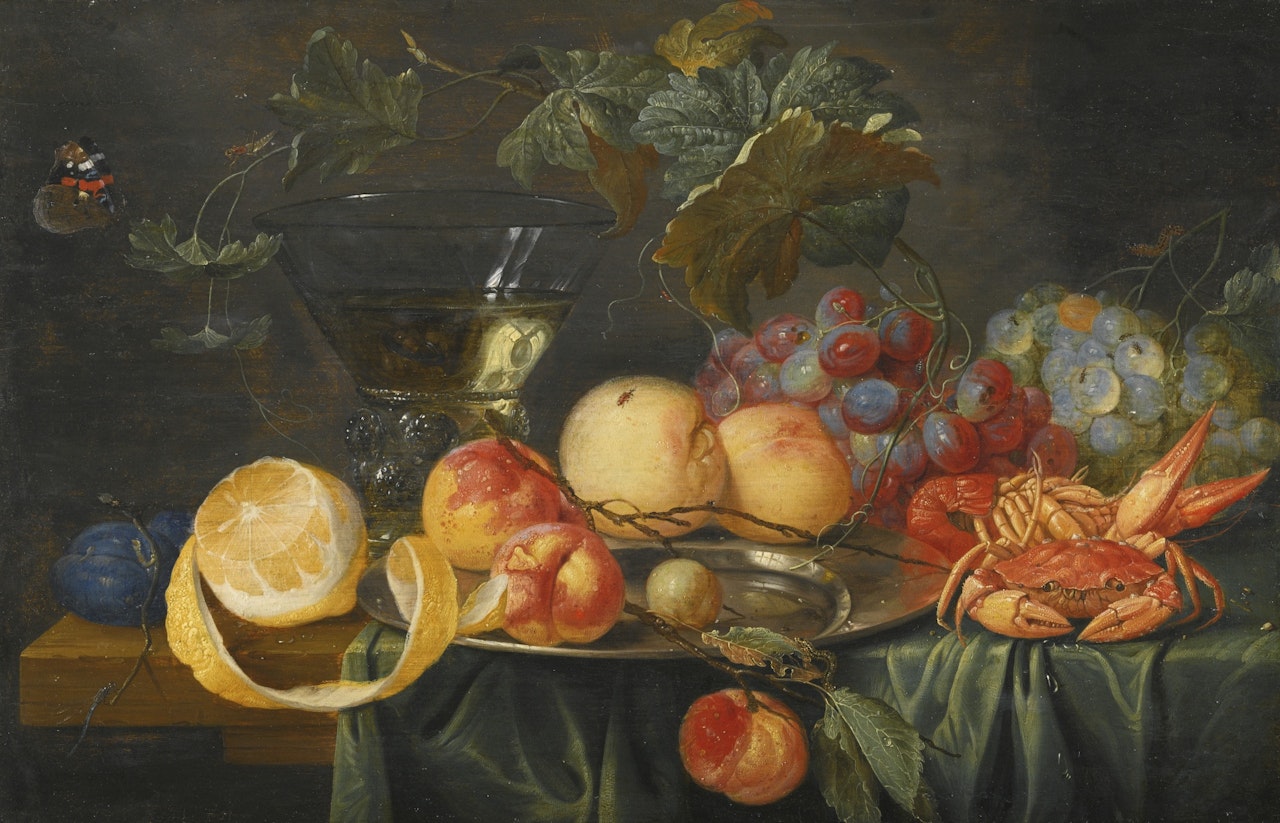 STILL LIFE OF PEACHES, PLUMS, GRAPES AND A LEMON, WITH A CRAB, A LOBSTER, AND A GLASS ROEMER, ON A PARTLY DRAPED TABLE by Jan Van Kessel The Elder