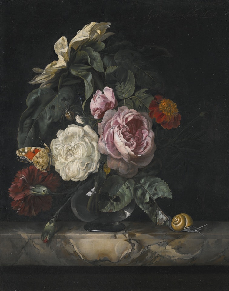 STILL LIFE OF ROSES, A CARNATION AND A SUNFLOWER IN A GLASS VASE, ON A MARBLE LEDGE by Willem van Aelst