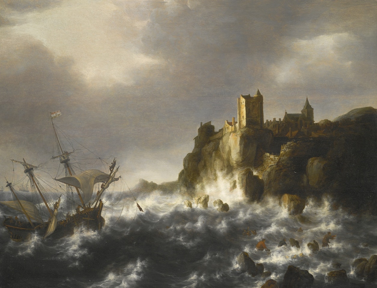 A SHIPWRECK IN STORMY SEAS, NEAR A ROCKY COAST by Jan Abrahamsz. Beerstraten