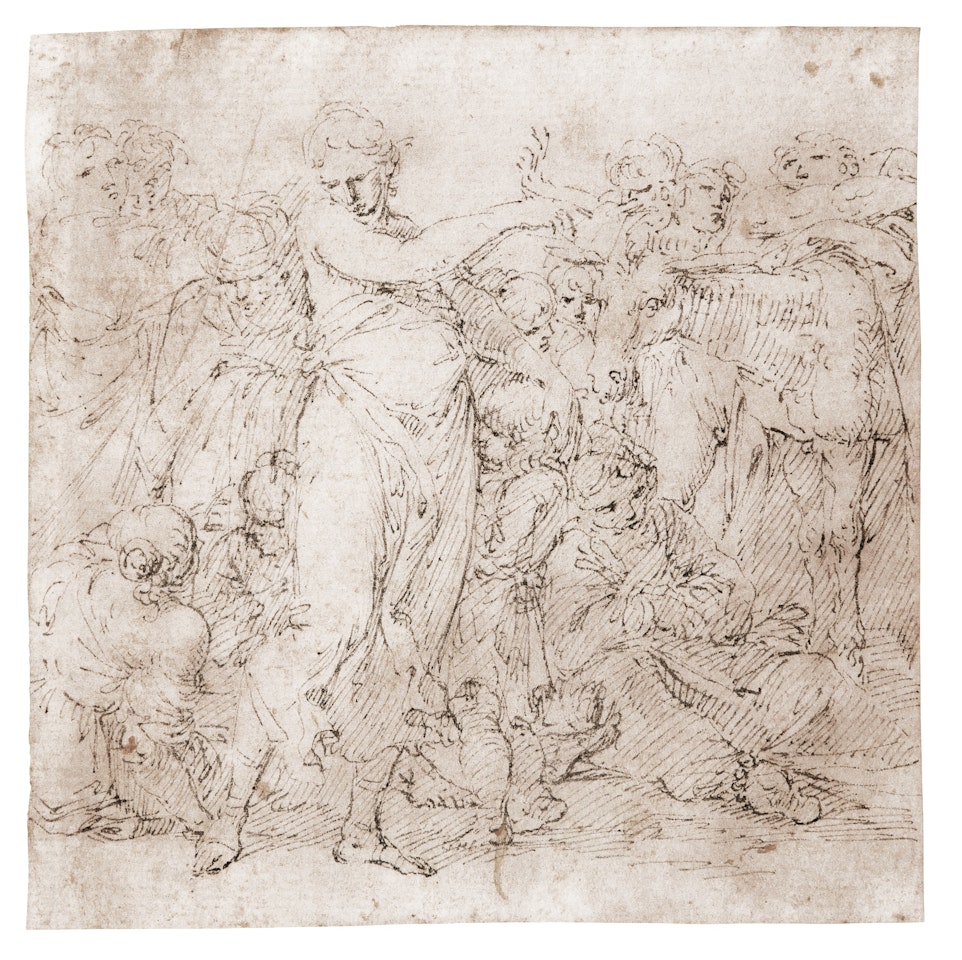 A GROUP OF THIRTEEN FIGURES AND A MULE, INCLUDING A WOMAN POINTING TO THE RIGHT AND RESTING HER HAND ON A CHILD'S HEAD by Salvator Rosa