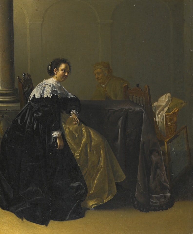 AN ELEGANT YOUNG LADY AND OLD MAID IN AN INTERIOR by Jacob Duck