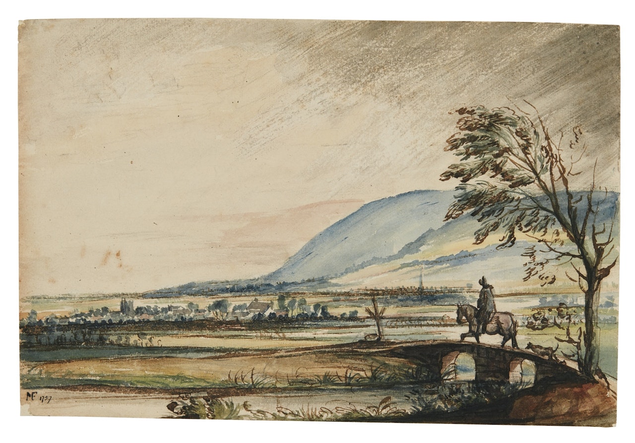 A DOWNLAND LANDSCAPE UNDER RAIN, WITH A RIDER CROSSING A BRIDGE by English School