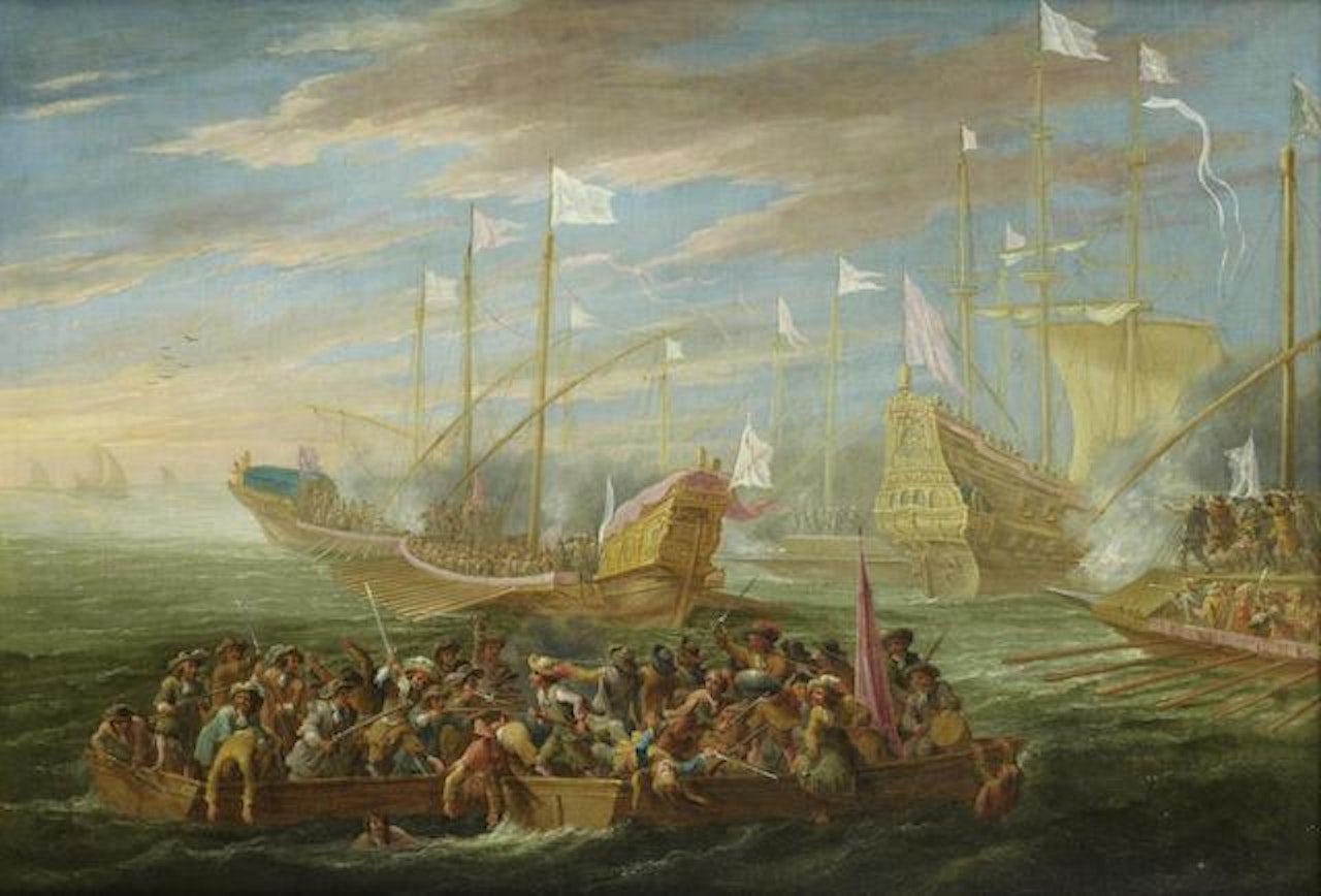 A sea battle between the Spanish and the Duchy of Savoy by Cornelis de Wael