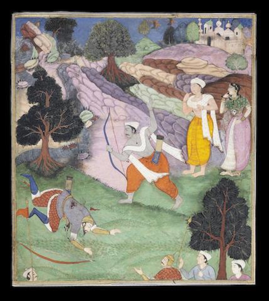 Razmnama, the abridged Persian translation of the Mahabharata: Parasurama shoots Bhima by Mughal School