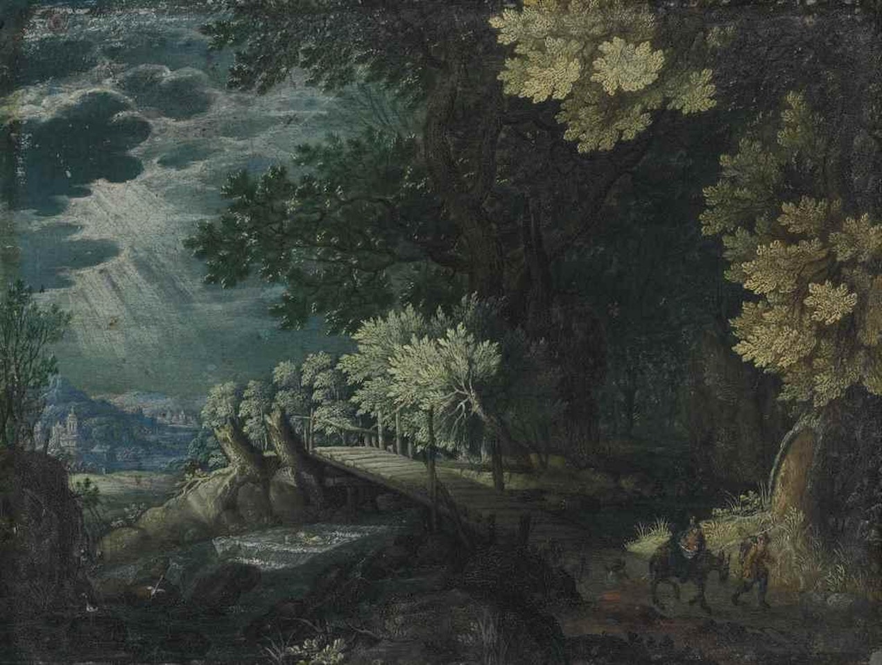 A wooded river landscape with the Flight into Egypt by Flemish School