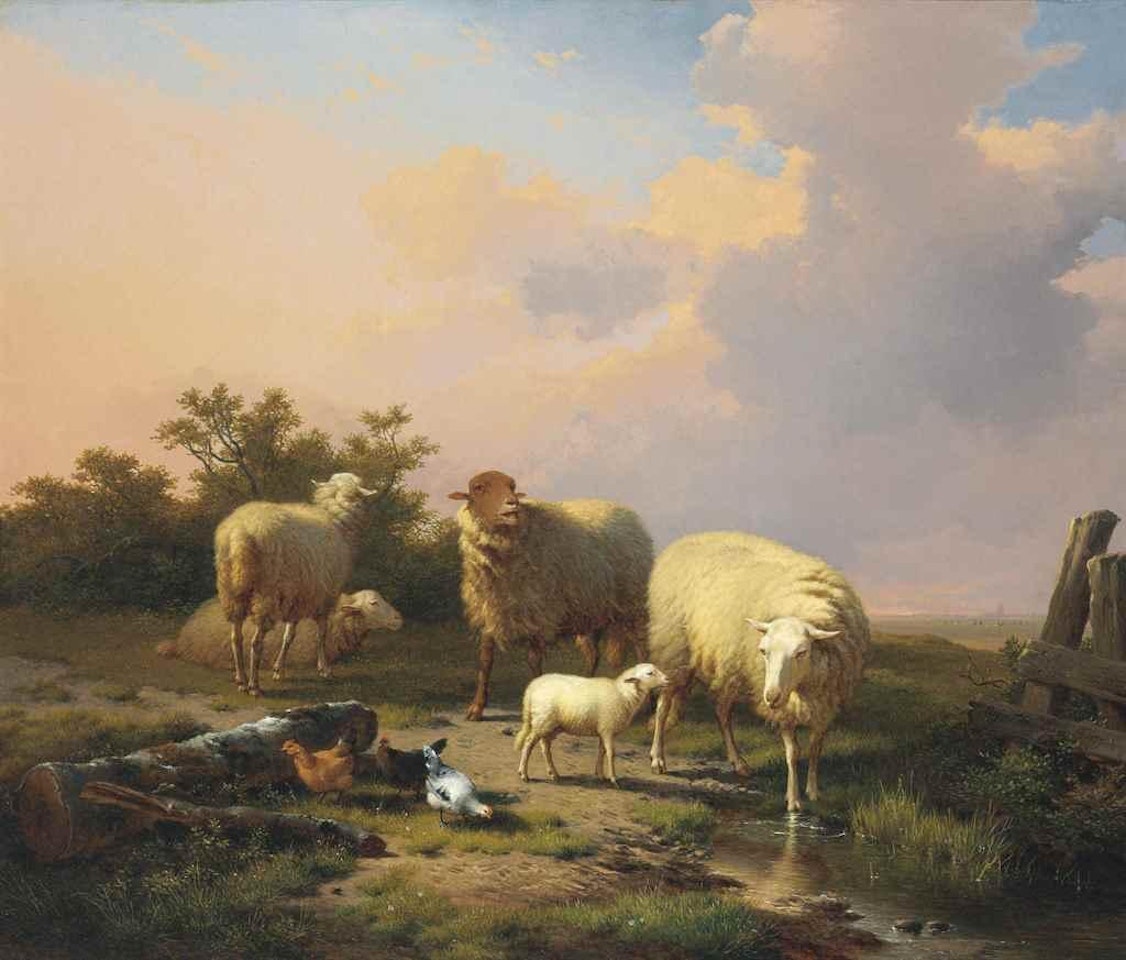 Sheep and Chickens in an extensive Landscape with a Town beyond by Eugène Joseph Verboeckhoven