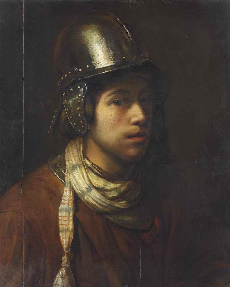 A Tronie of a Young Man Wearing a Helmet by Attributed to Rembrandt Harmensz van Rijn