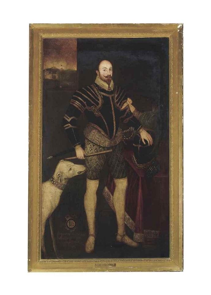 Portrait of Peregrine Bertie, 13th Lord Willoughby de Eresby (1555-1601), Full-Length, in Gilt-Damascened Half Armour, a Baton in His Right Hand by English School