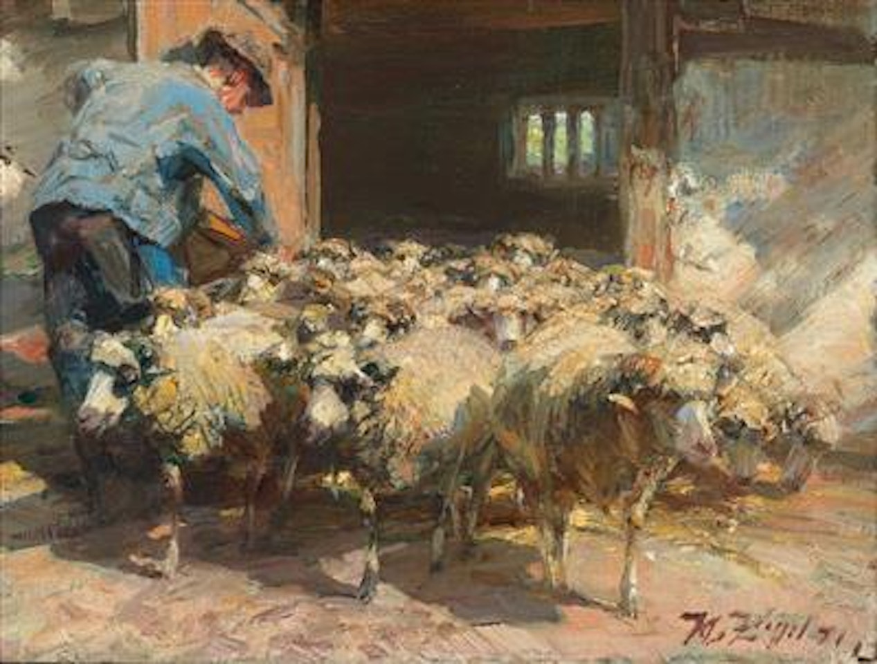 Sheep leaving the stall by Heinrich von Zugel