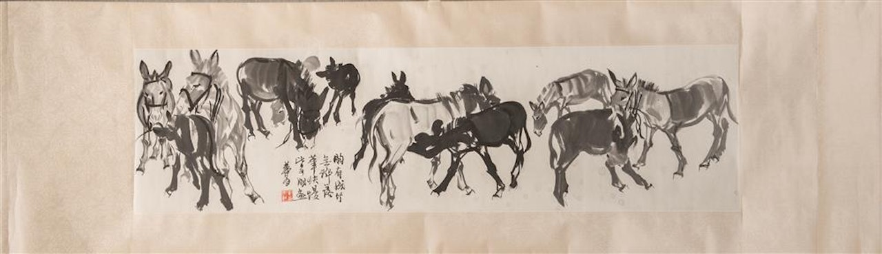 Chinese silk scroll painting depicting twelve donkeys by Huang Zhou