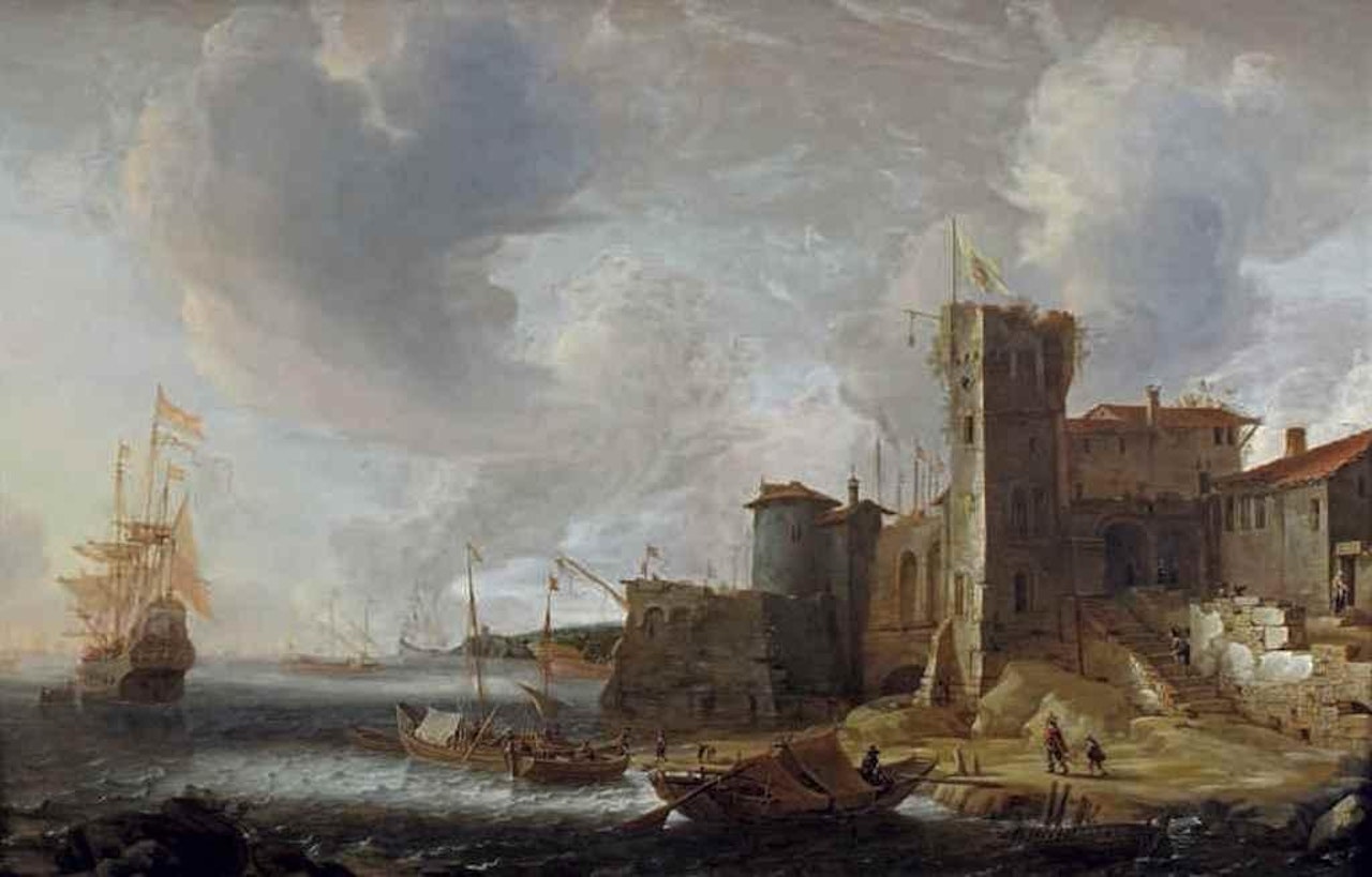 A capriccio view of an Italianate harbour with the Dutch merchantman 'the Profeet Elias' at anchor by Jan Abrahamsz. Beerstraten