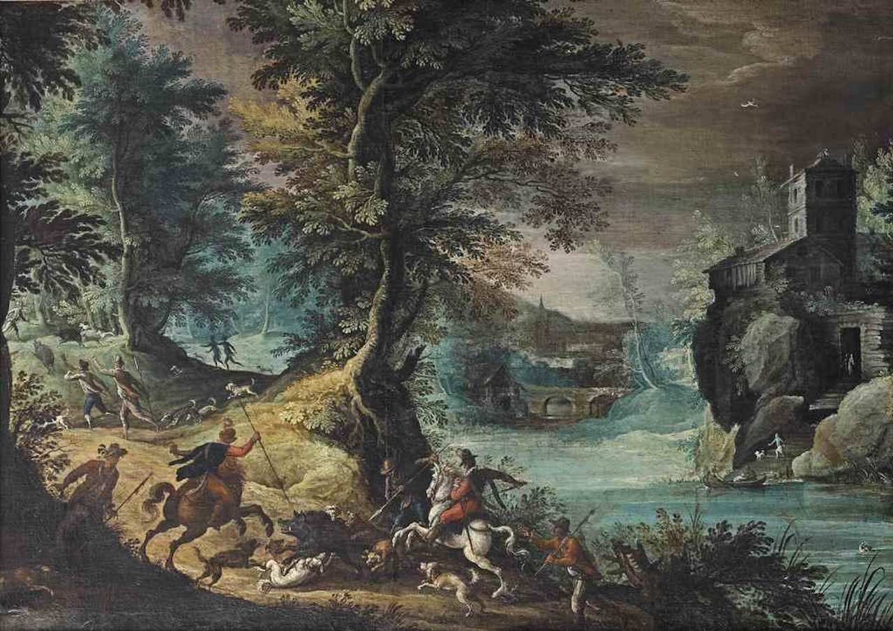 A wooded river landscape with a boar hunt by Paul Bril
