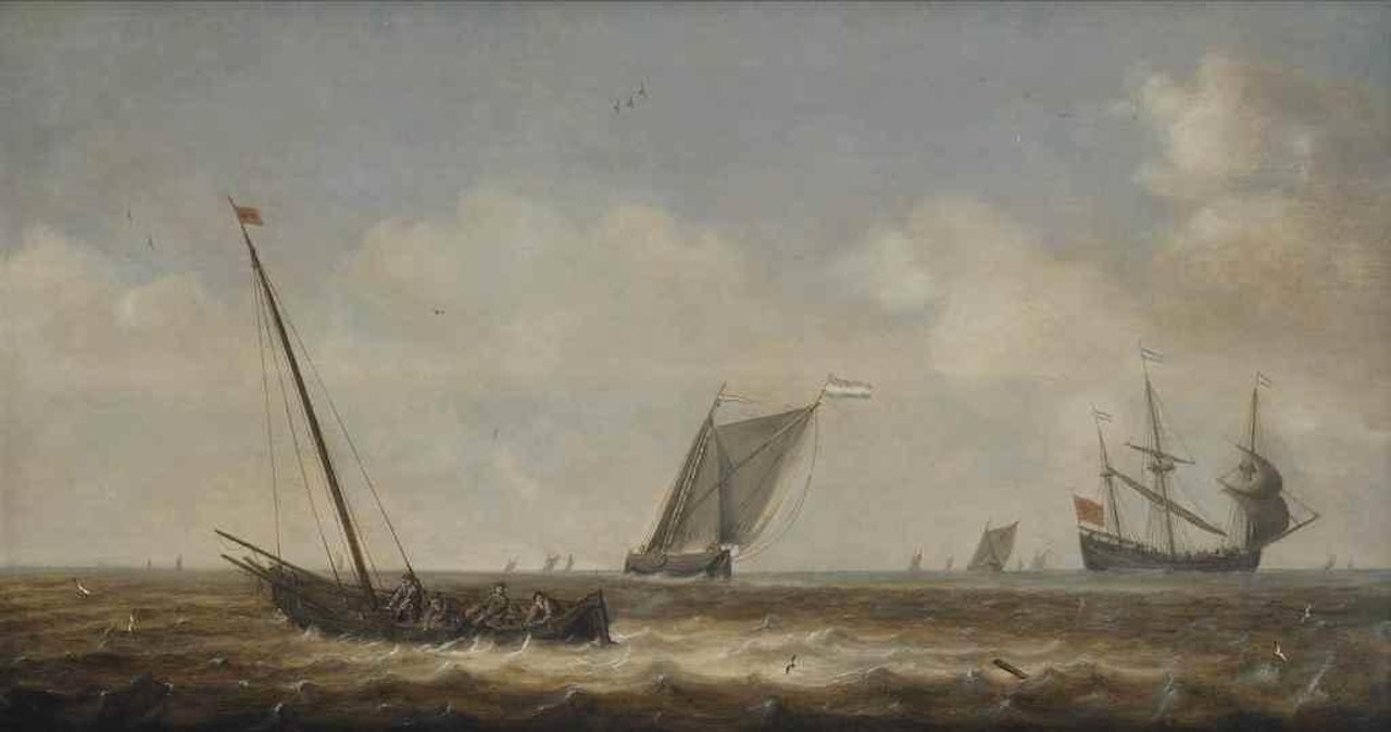 A seascape with various sailing boats and fishermen drawing in their nets by Pieter Mulier II