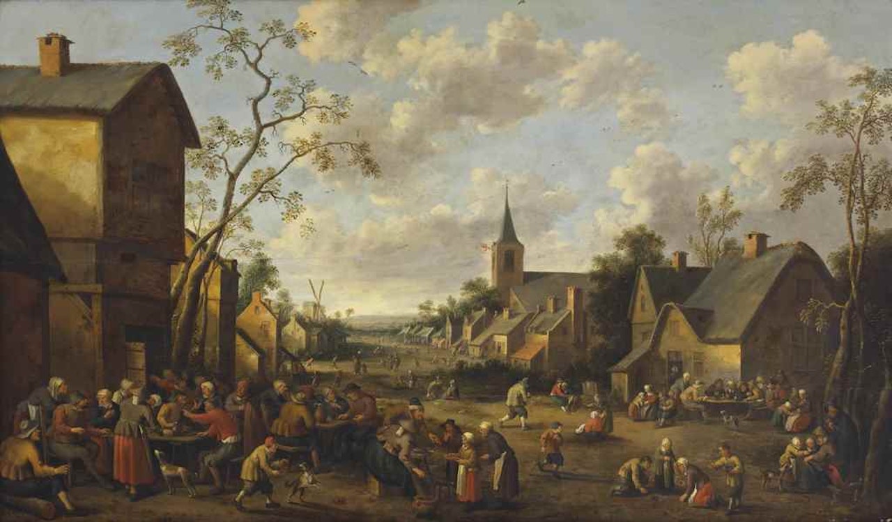 A village with peasants making merry in a street by Joost Cornelisz Droochsloot