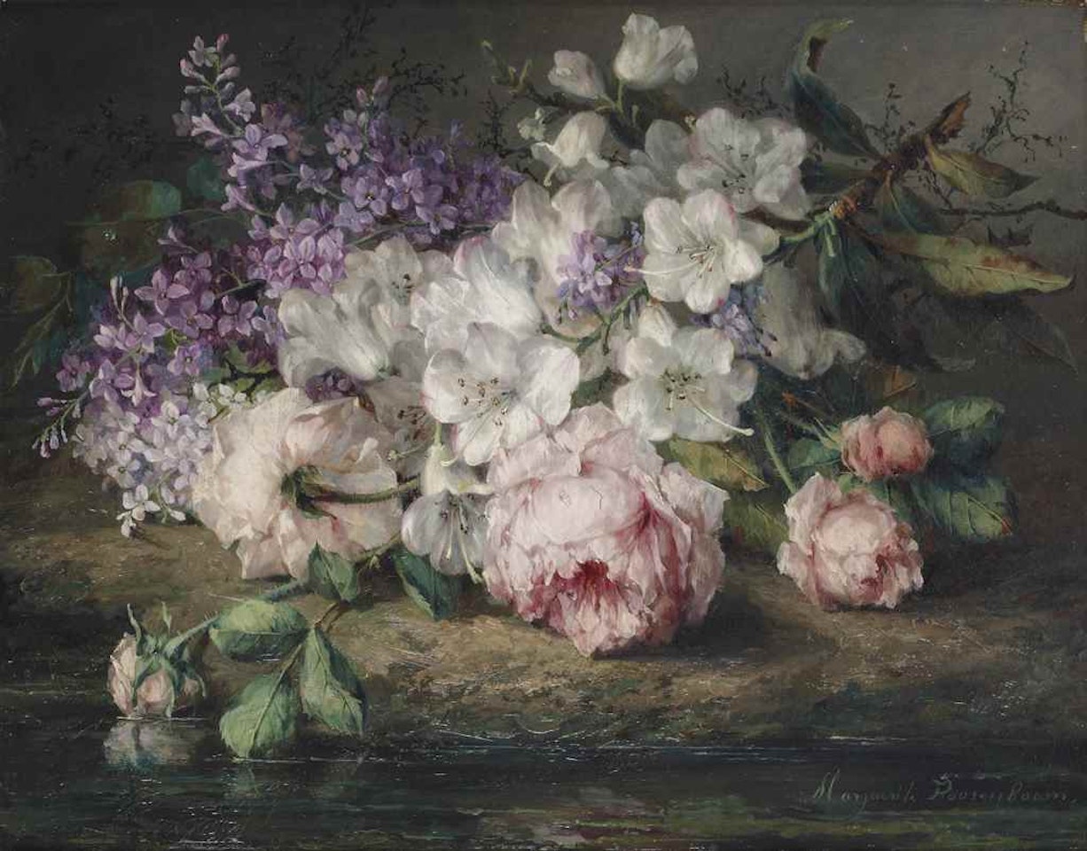 Roses, lilacs and white blossom branches by Margaretha Roosenboom