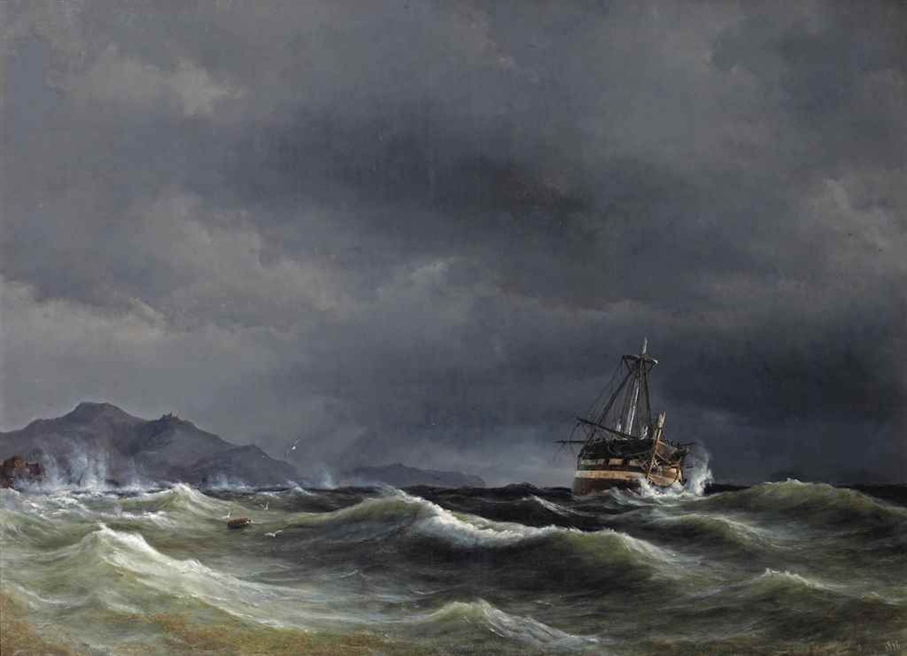 A sailing vessel in rough sea by Anton Melbye