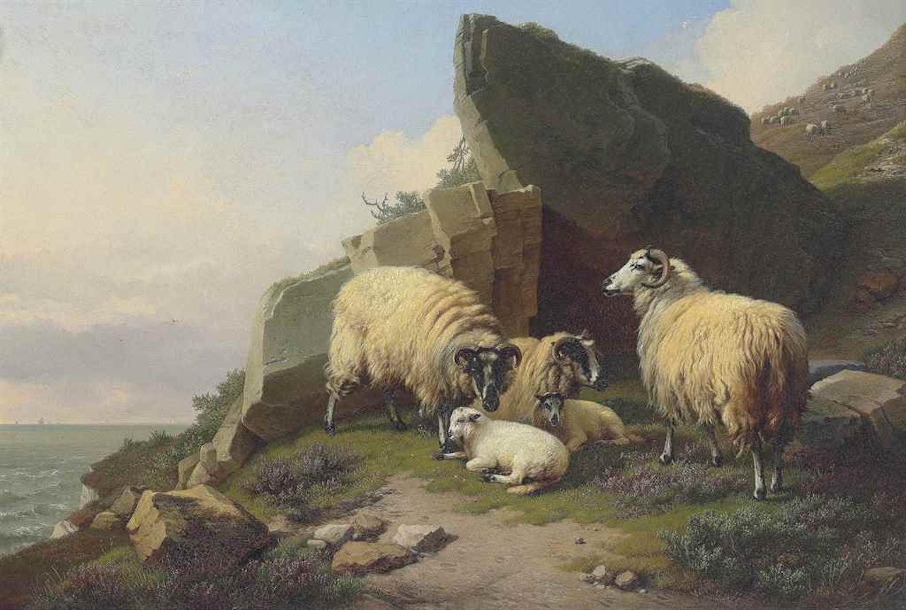 Sheep grazing on a rocky outcrop by Eugène Joseph Verboeckhoven