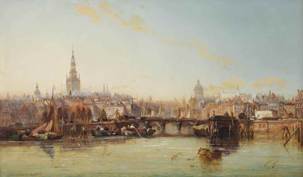 A view of the Damrak with the townhall, the Nieuwe Kerk and the Oude Kerk, Amsterdam by James Webb