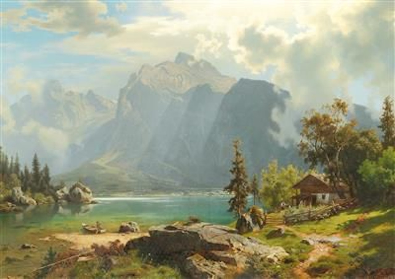 Mountain Lake with Chalet and decorative figures by August Wilhelm Leu