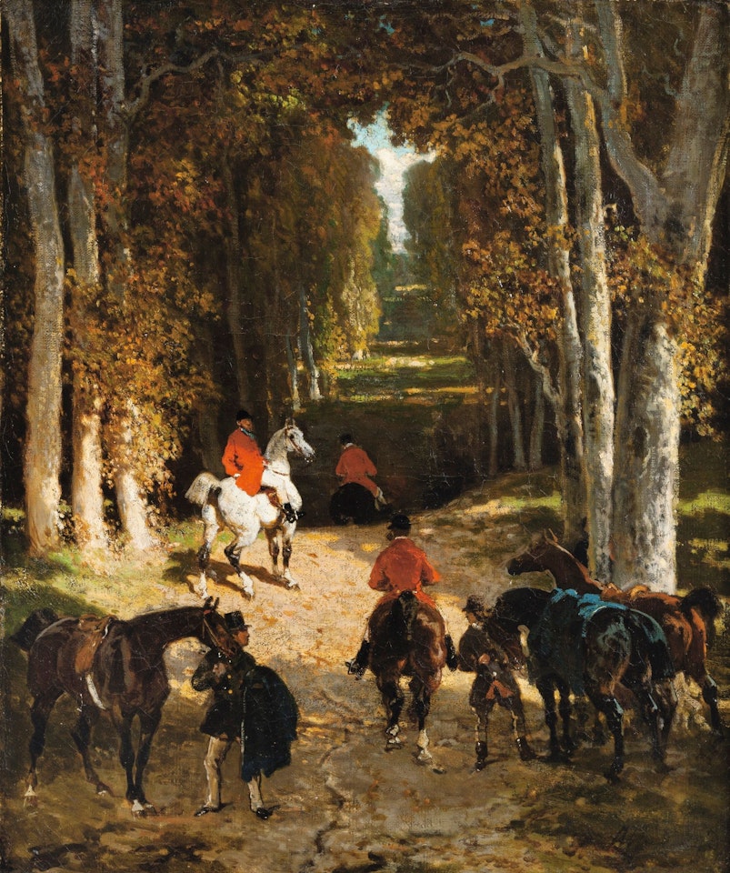 BEFORE THE DEPARTURE FOR HUNTING IN AN ALLEY by Alfred de Dreux