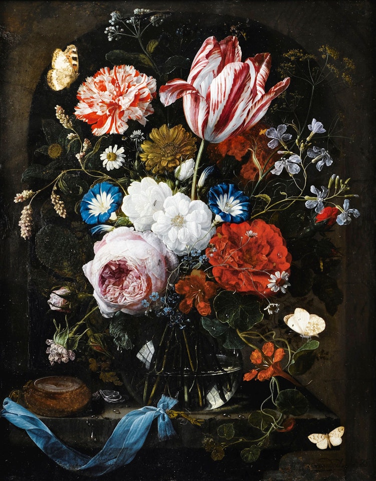 A STILL LIFE OF A RED AND WHITE TULIP, A CARNATION, ROSES, FORGET-ME-NOTS, DWARF MORNING GLORY, NASTURTIUMS AND OTHER FLOWERS IN A GLASS VASE TOGETHER WITH BUTTERFLIES AND OTHER INSECTS, ALL ON A STONE LEDGE WITH A WATCH AND A KEY ON A BLUE SATIN RIBBON by Nicolaes Van Veerendael