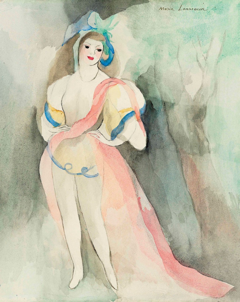 Femme en rose, mains sur les hanches by Marie Laurencin